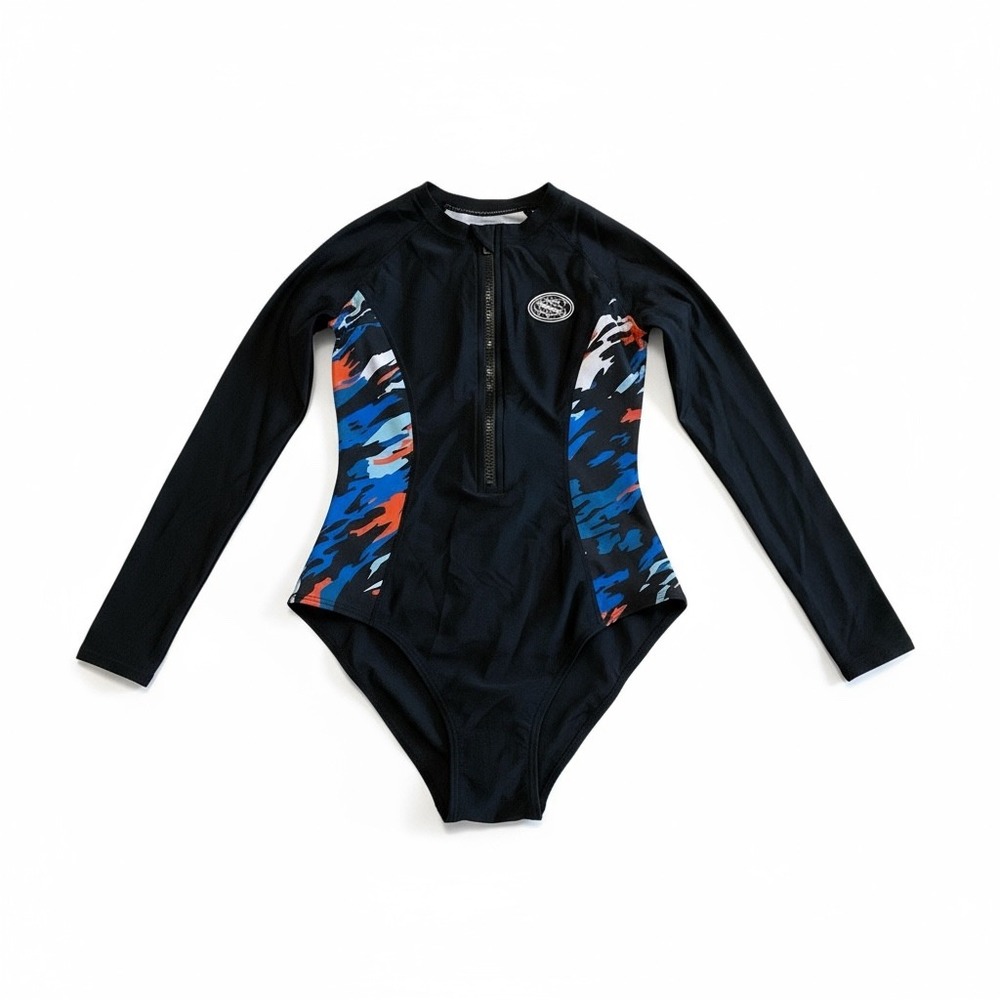 AXESEA Black Long Sleeve Zip Up Rash Guard Swimsuit One Piece Size 2